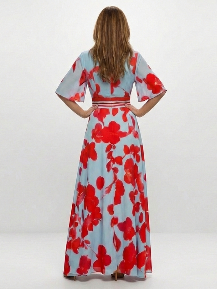 Corinne - V-Ausschnitt Kurzarm Blumenkleid