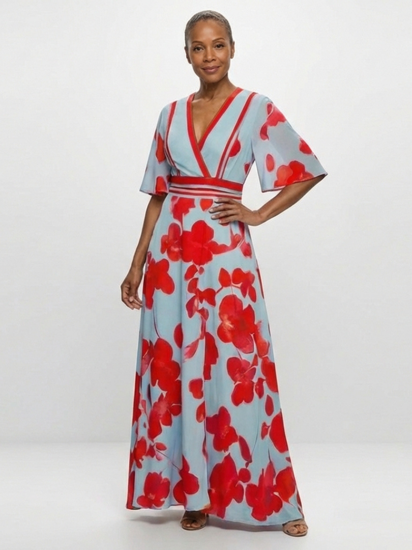 Corinne - V-Ausschnitt Kurzarm Blumenkleid