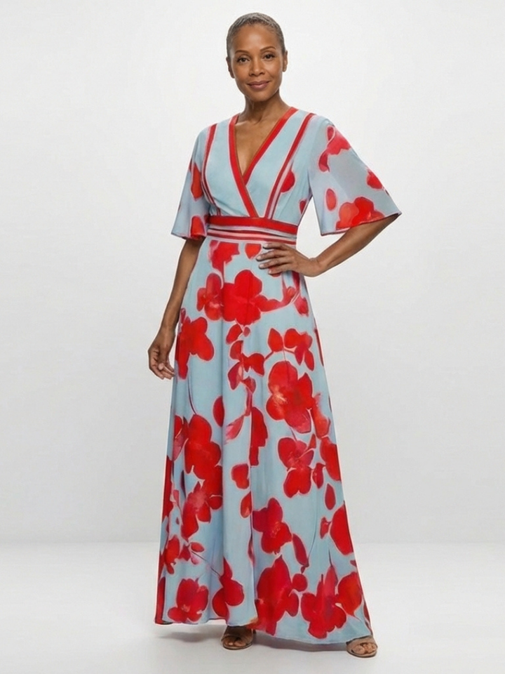 Corinne - V-Ausschnitt Kurzarm Blumenkleid