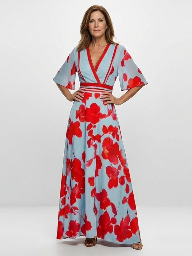 Corinne - V-Ausschnitt Kurzarm Blumenkleid