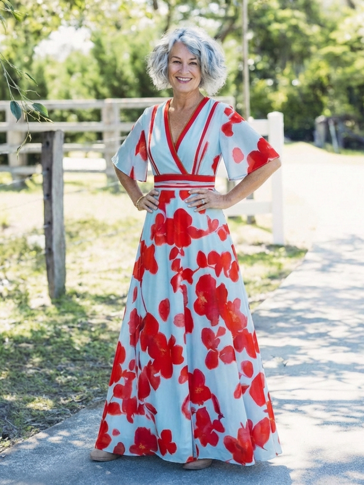 Corinne - V-Ausschnitt Kurzarm Blumenkleid
