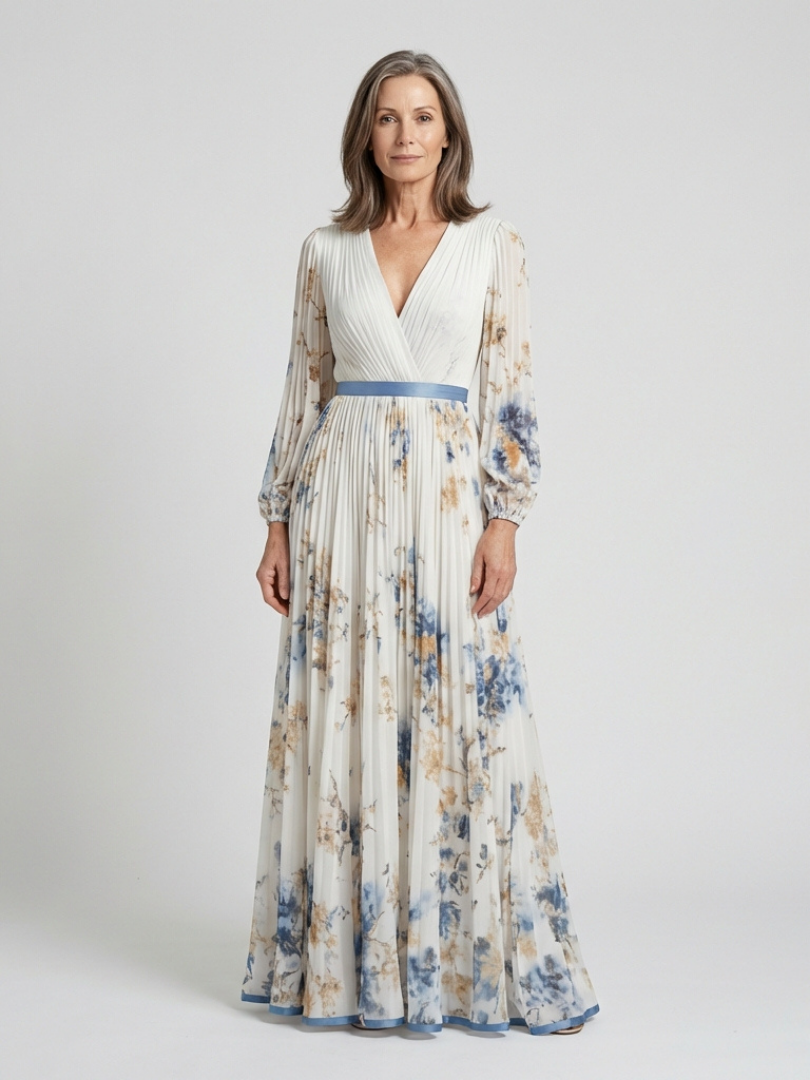 Lavinia - Langärmliges V-Ausschnitt Blumenkleid