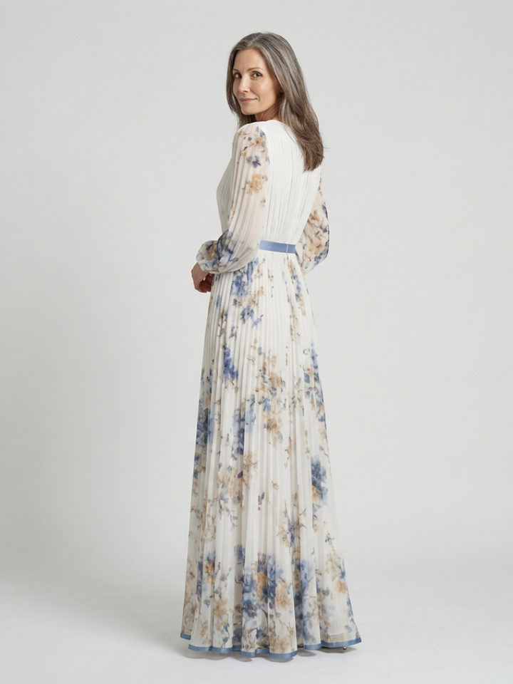 Lavinia - Langärmliges V-Ausschnitt Blumenkleid