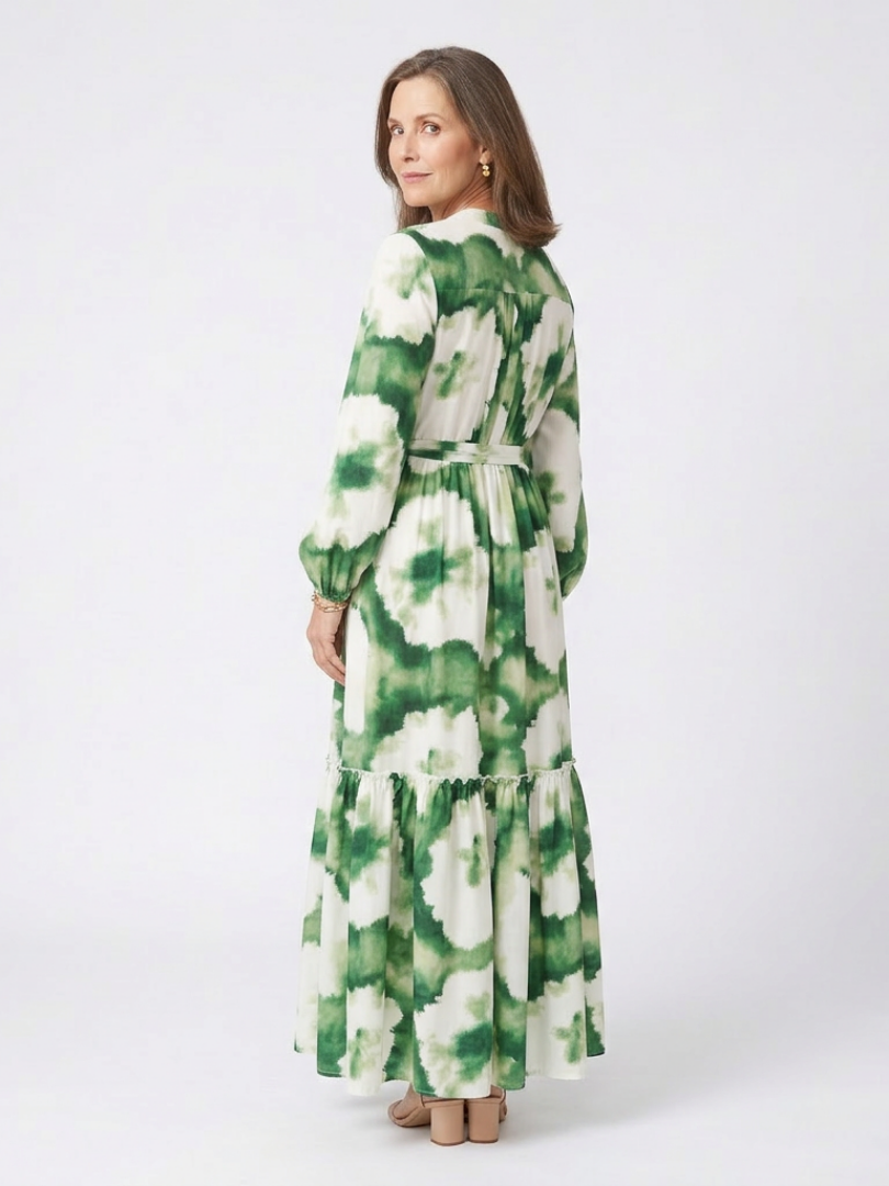 Sabine - Langärmliges Maxikleid mit Taillengürtel und Stufenrock