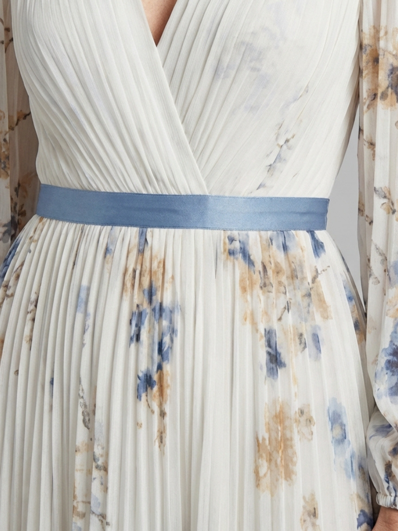 Lavinia - Langärmliges V-Ausschnitt Blumenkleid
