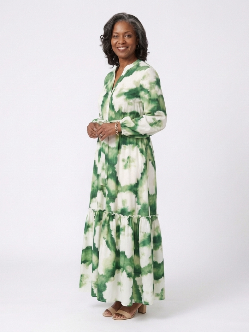 Sabine - Langärmliges Maxikleid mit Taillengürtel und Stufenrock