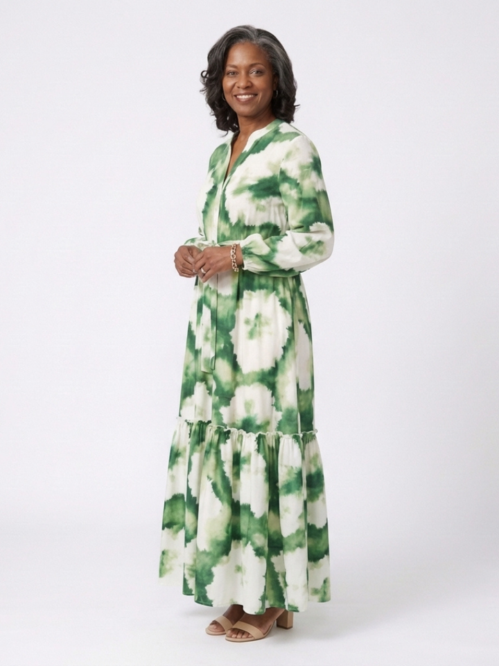 Sabine - Langärmliges Maxikleid mit Taillengürtel und Stufenrock