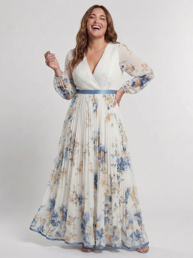 Lavinia - Langärmliges V-Ausschnitt Blumenkleid