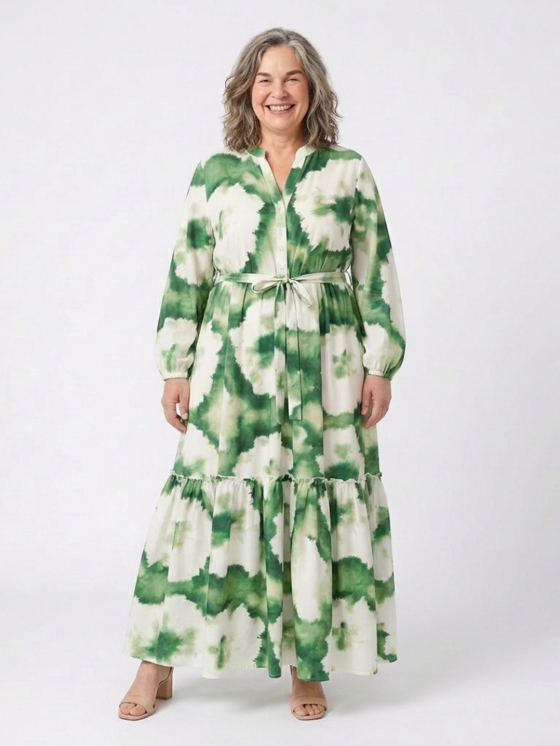 Sabine - Langärmliges Maxikleid mit Taillengürtel und Stufenrock
