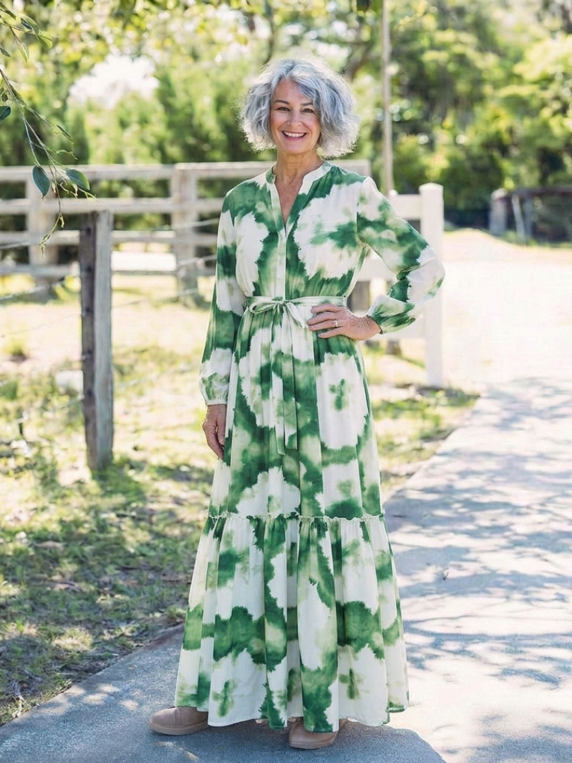Sabine - Langärmliges Maxikleid mit Taillengürtel und Stufenrock