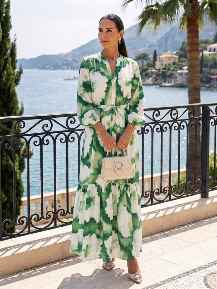 Sabine - Langärmliges Maxikleid mit Taillengürtel und Stufenrock