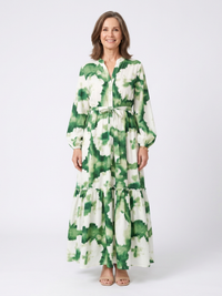 Sabine - Langärmliges Maxikleid mit Taillengürtel und Stufenrock