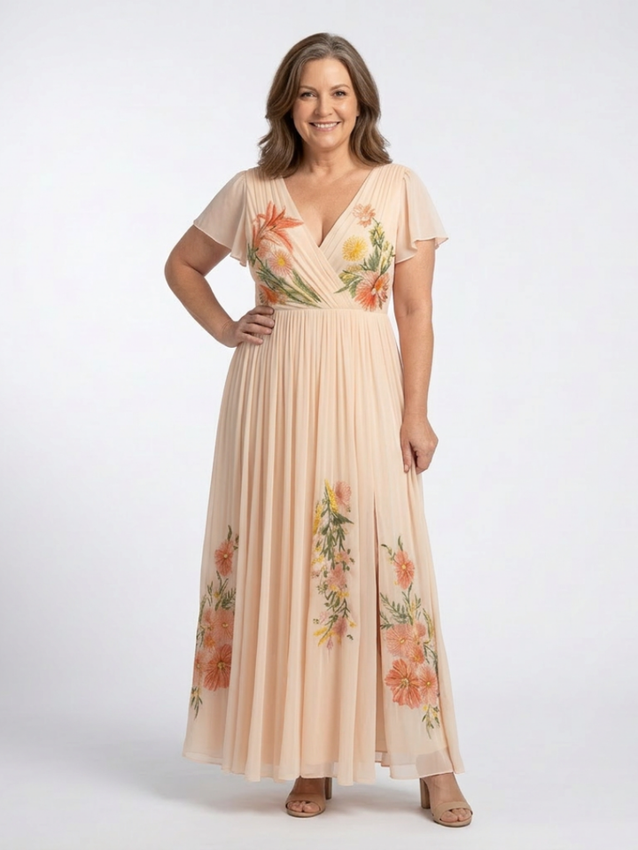 Calista - V-Ausschnitt Kurzarm Falten Maxi Kleid