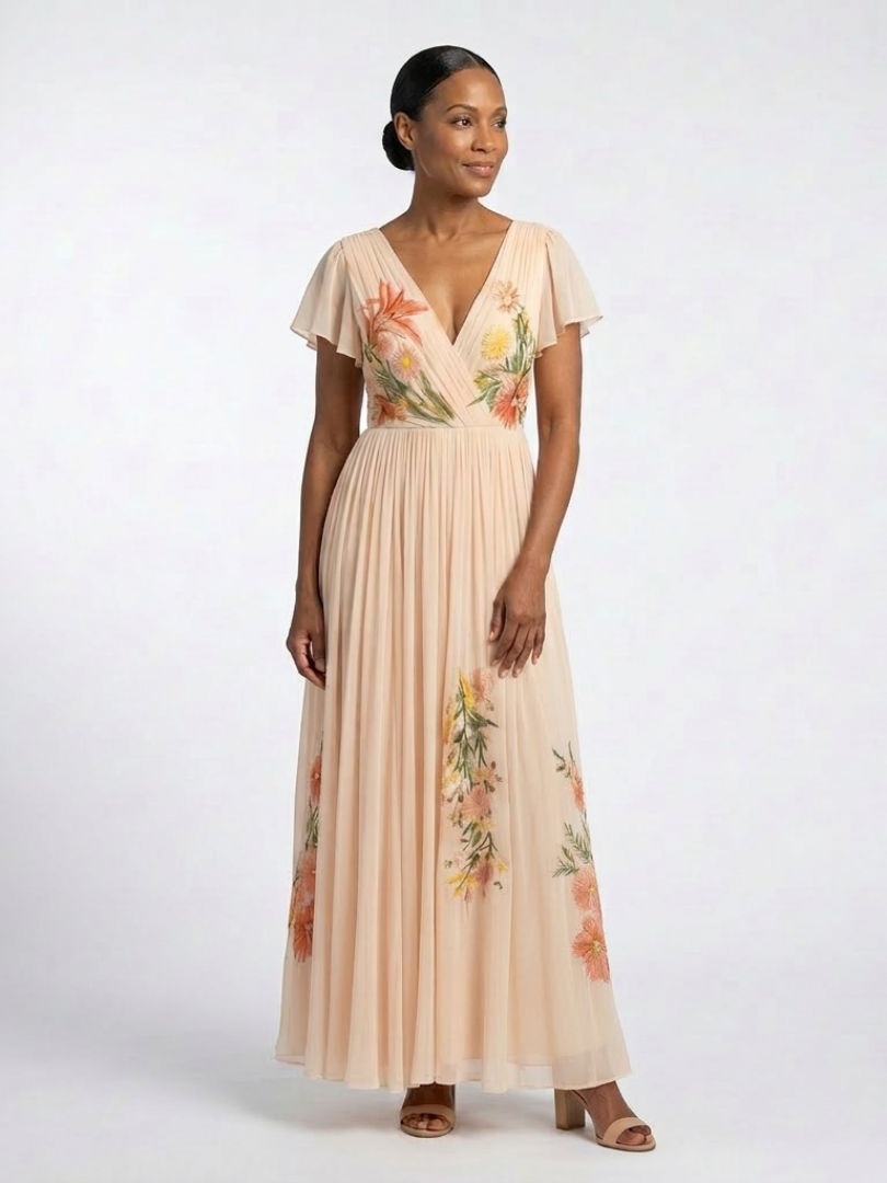 Calista - V-Ausschnitt Kurzarm Falten Maxi Kleid
