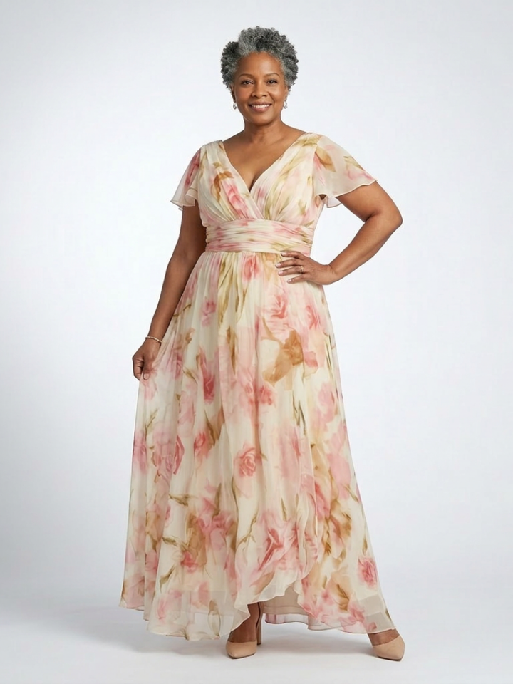 Elara - V-Ausschnitt Kurzarm Blumenkleid
