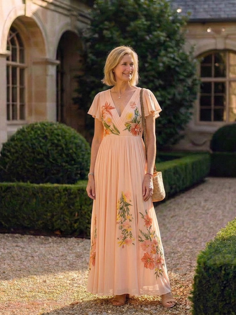 Calista - V-Ausschnitt Kurzarm Falten Maxi Kleid