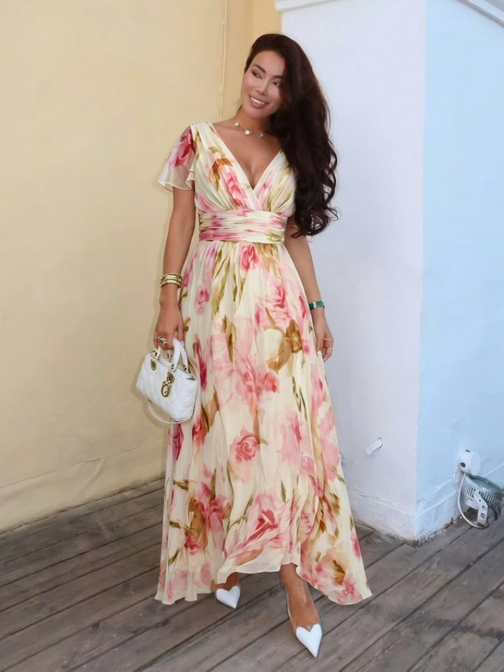 Elara - V-Ausschnitt Kurzarm Blumenkleid