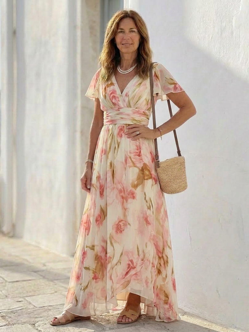 Elara - V-Ausschnitt Kurzarm Blumenkleid