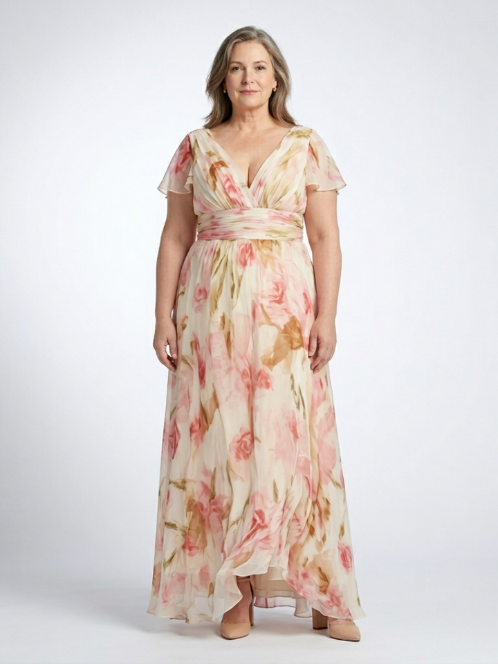 Elara - V-Ausschnitt Kurzarm Blumenkleid