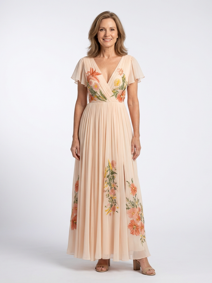 Calista - V-Ausschnitt Kurzarm Falten Maxi Kleid