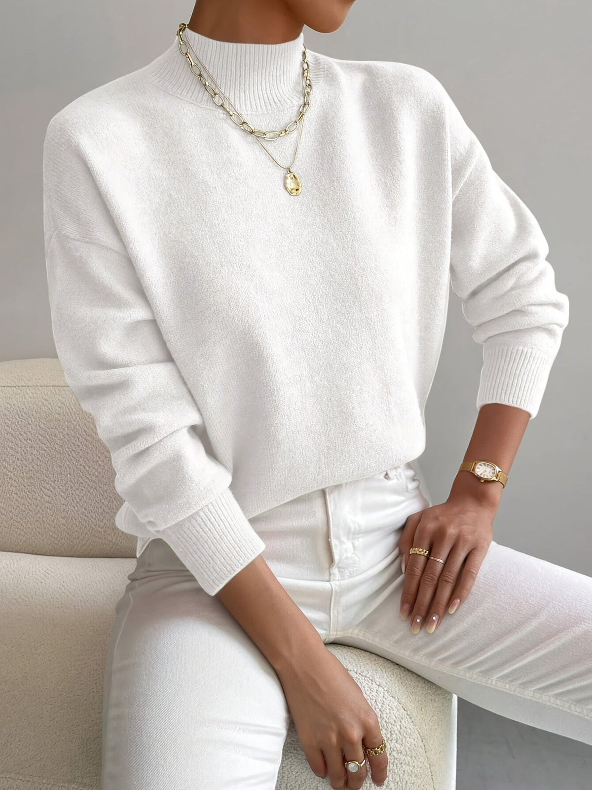 Fernanda | Damen Mock-Neck Strickpullover in Weiß