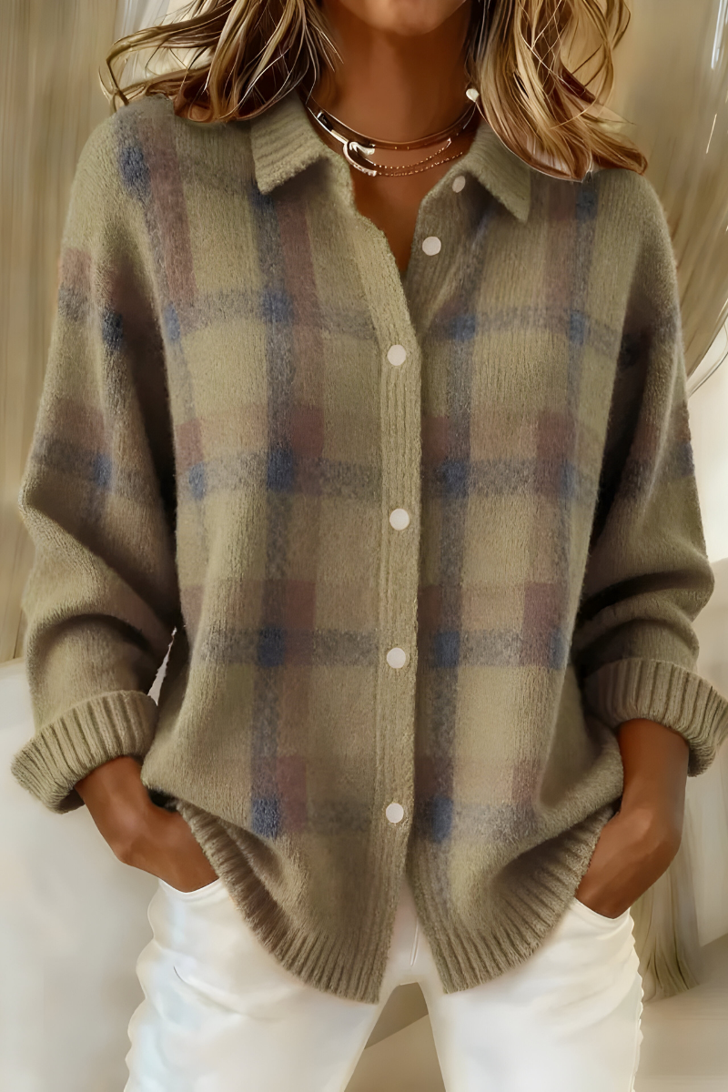 Gerdrun | Damen Karierte Strickjacke mit Knopfverschluss