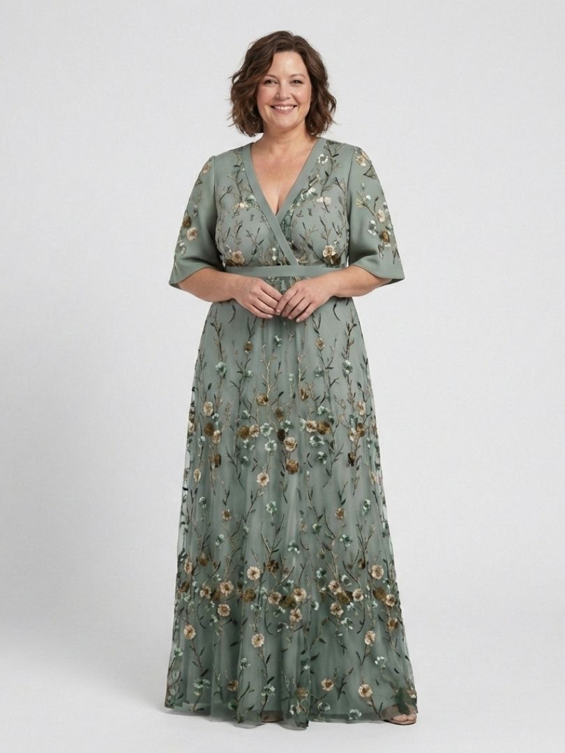 Evadne - Floral V-Ausschnitt Kurzarm Maxikleid