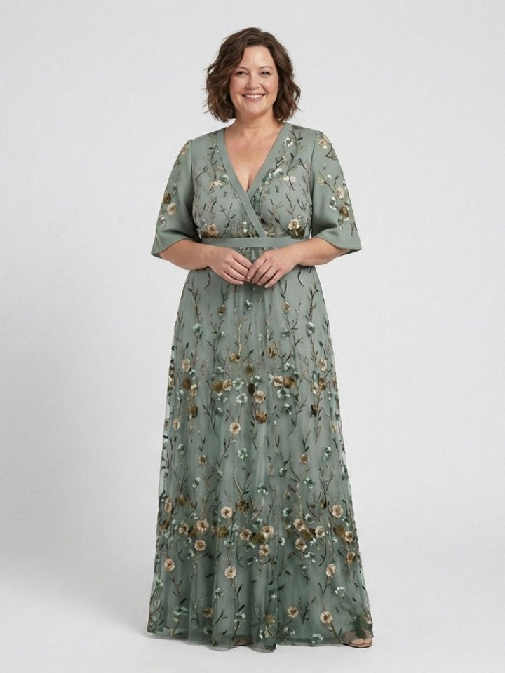 Evadne - Floral V-Ausschnitt Kurzarm Maxikleid