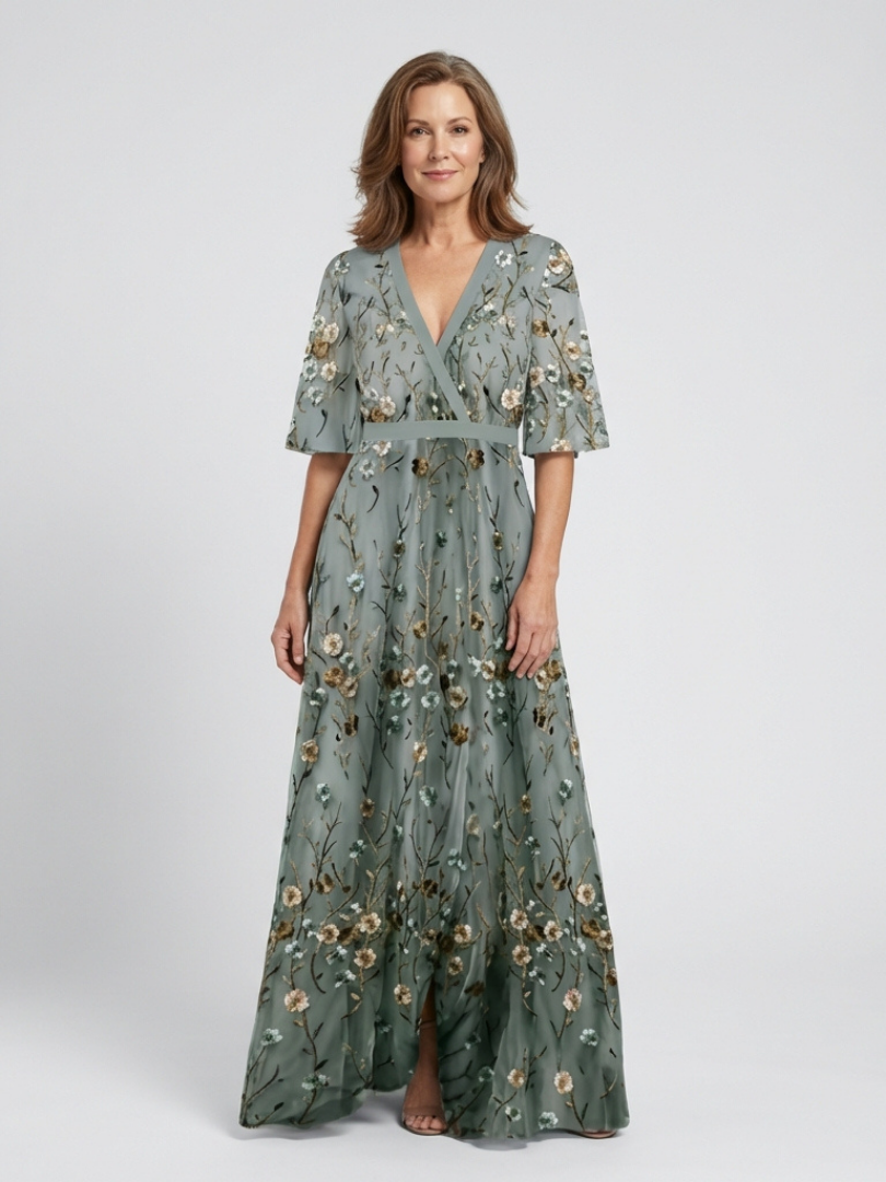 Evadne - Floral V-Ausschnitt Kurzarm Maxikleid
