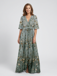 Evadne - Floral V-Ausschnitt Kurzarm Maxikleid