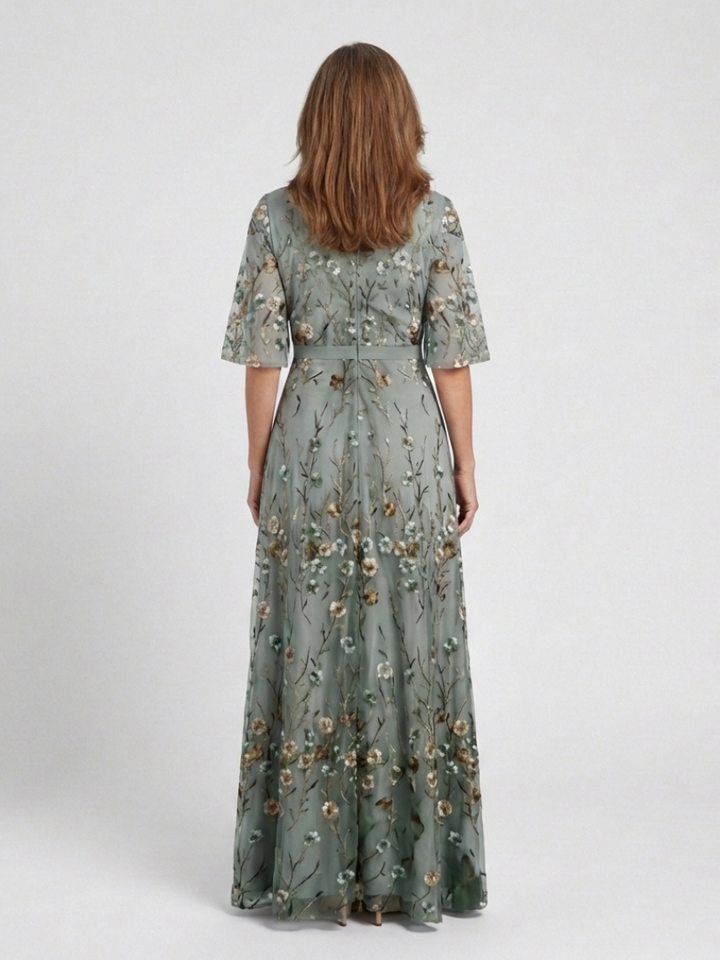 Evadne - Floral V-Ausschnitt Kurzarm Maxikleid