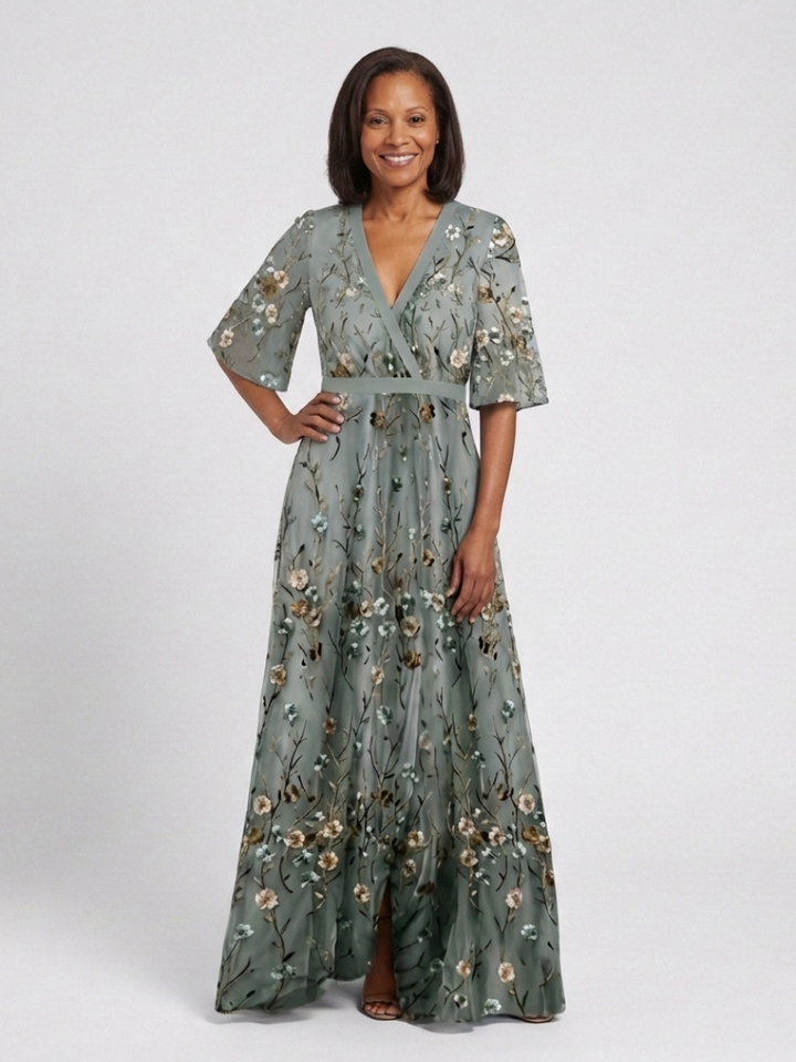 Evadne - Floral V-Ausschnitt Kurzarm Maxikleid