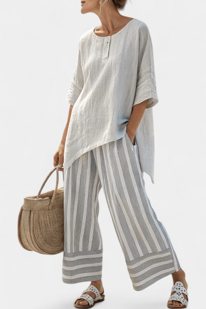 Vivian - Elegante asymmetrische Bluse & gestreifte Hose