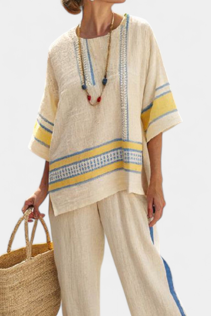 Clara - Bequemes Blau-Gelbes Mediterranes Top & Leinenhosen