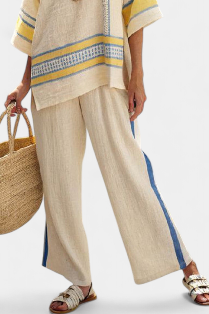 Clara - Bequemes Blau-Gelbes Mediterranes Top & Leinenhosen