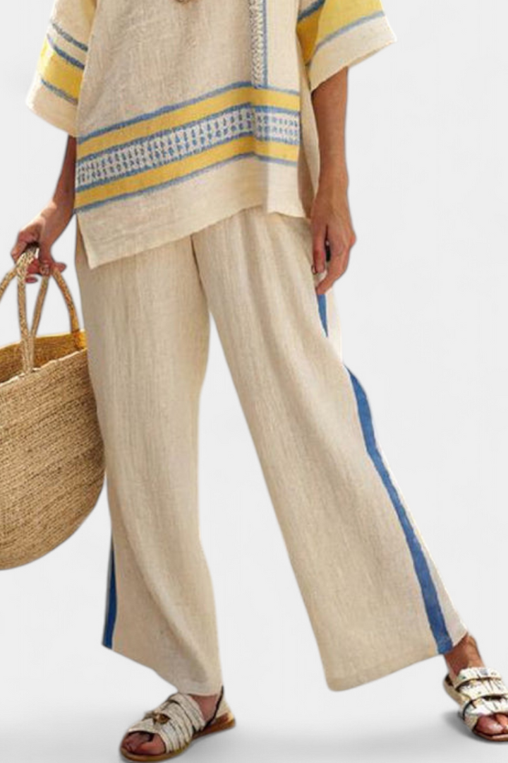 Clara - Bequemes Blau-Gelbes Mediterranes Top & Leinenhosen