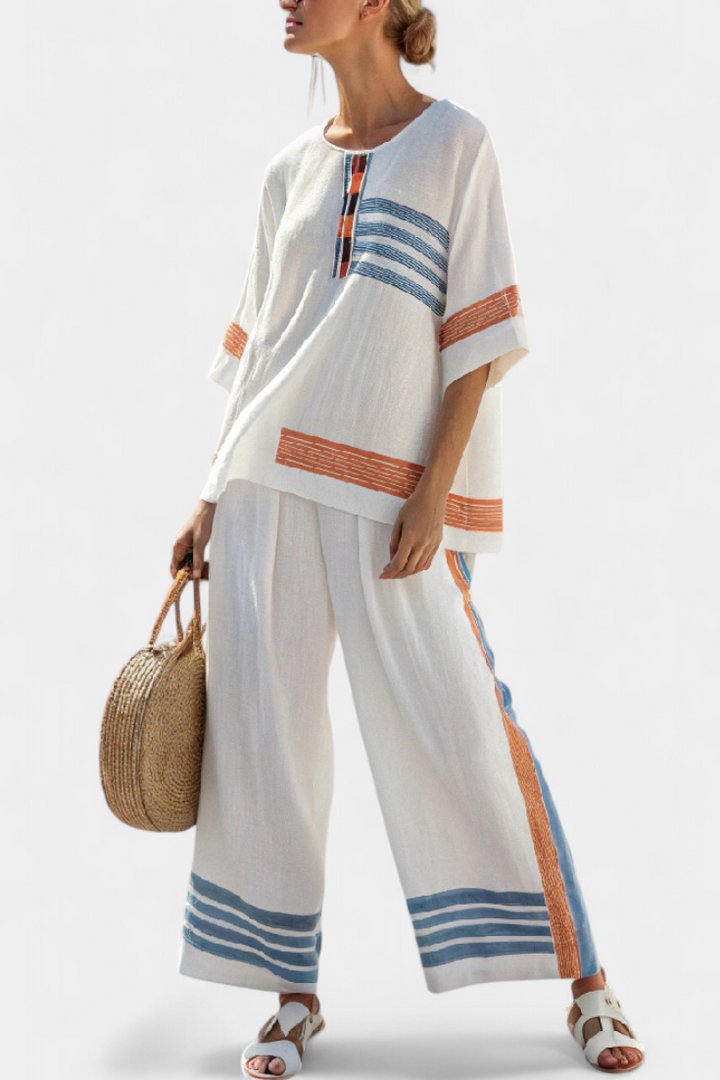 Emilia - Elegantes Blau-Orange Gestreiftes Oberteil & Hosen