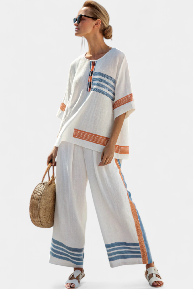 Emilia - Elegantes Blau-Orange Gestreiftes Oberteil & Hosen