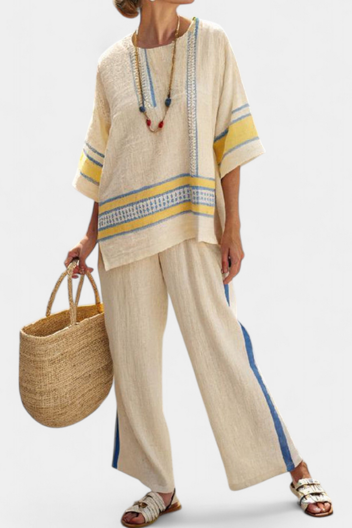 Clara - Bequemes Blau-Gelbes Mediterranes Top & Leinenhosen