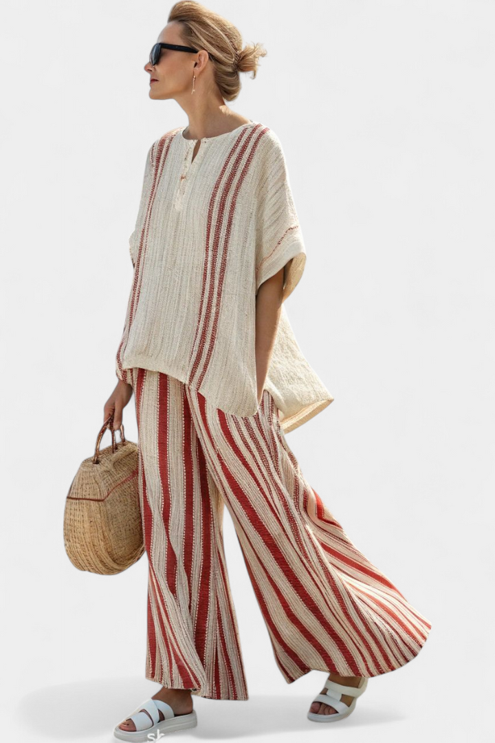 Kendall - Elegantes Texturiertes Top mit Roten Streifen & Leinenhose