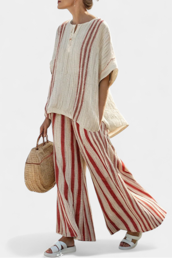 Kendall - Elegantes Texturiertes Top mit Roten Streifen & Leinenhose
