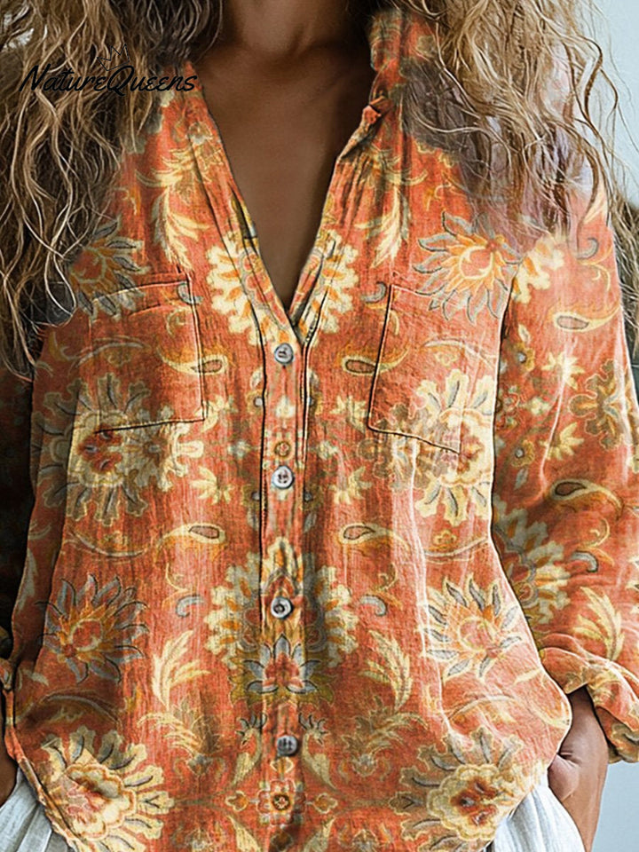 Melanie - Damen Vintage Liebe Blumen Lässiges Langarm Baumwollshirt