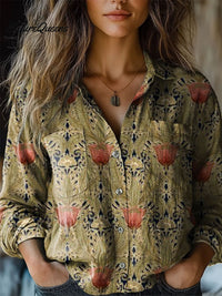 Nova - Damen Vintage Kunstdruck Lässiges Langarm T-Shirt aus Baumwolle