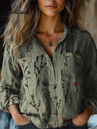 Teresa - Vintage Druck Lässiges Langarm Baumwollshirt