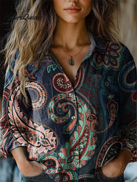 Janice - Damen Paisley Bunt Kunstdruck Lässiges Langarm Baumwollshirt