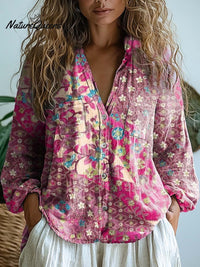 Joyce - Damen Vintage Blumendruck Casual Langarm Bequemes Baumwollhemd