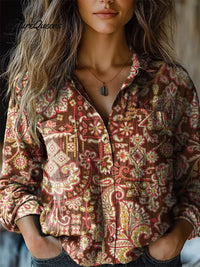 Victoria - Vintage Ethno Blumenmuster Lässiges Langarm Baumwollshirt