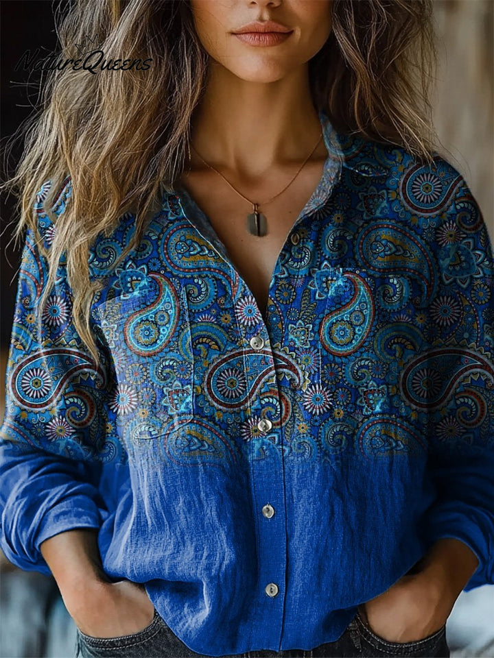 Christina - Elegantes Paisley-Muster Bedrucktes Langarm Baumwollshirt