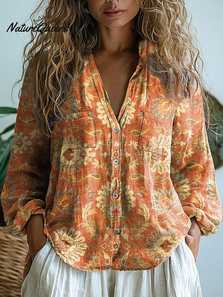 Melanie - Damen Vintage Liebe Blumen Lässiges Langarm Baumwollshirt