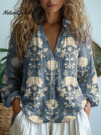 Brenda - Damen Vintage Floral Lässiges Langarm Bequemes Baumwollshirt